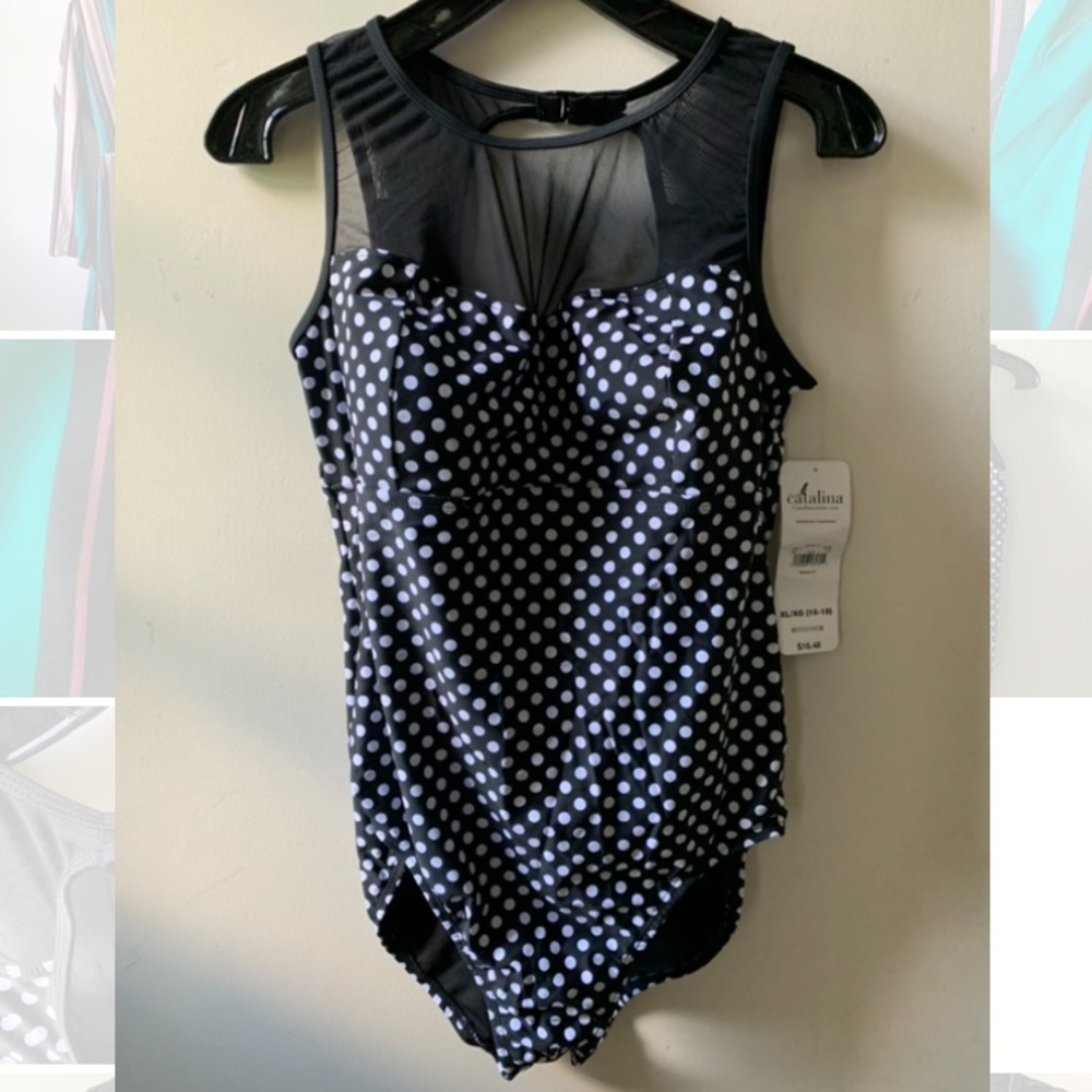 Polka Dot One Piece Bathing Suit Illusion Neck